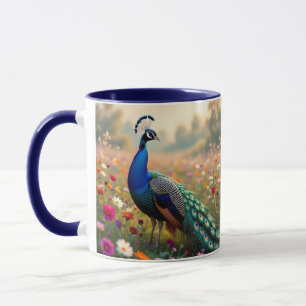 Caneca Um Pavão Turquesa e Azul em Flores