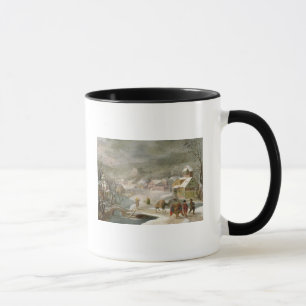 Caneca Uma paisagem do inverno com viajantes em um