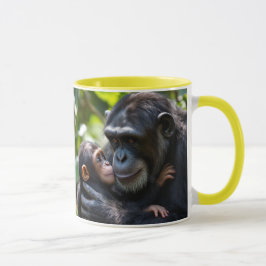 Caneca Un bébé chimpanzé câline sa maman dans la jungle.