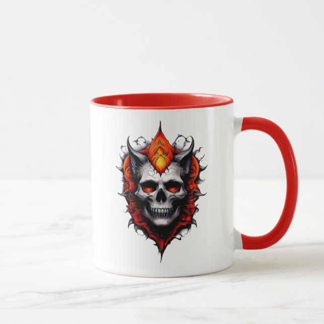 Caneca Un crâne stylisé aux yeux rouges brillants. (Direita)