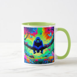 Caneca Un gorille bleu dans une forêt pleine de couleurs.