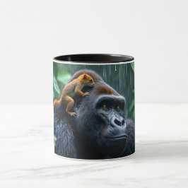 Caneca Un mignon écureuil grimpe sur la tête d'un gorille