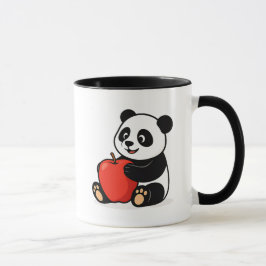 Caneca Un panda tout mignon serre une pomme rouge.