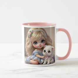 Caneca Une adorable fillette et son chiot au style tendre