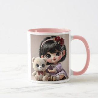 Caneca Une adorable petite fille et son ourson en peluche
