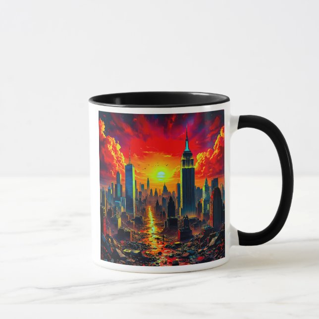 Caneca Une cité futuriste sous un ciel en enflammé. (Direita)