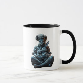 Caneca Une poupée étrange avec des lapins bizarres.