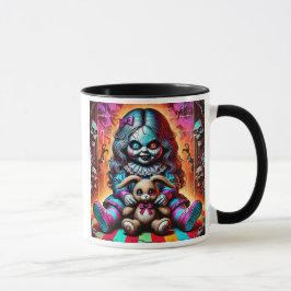 Caneca Une poupée maléfique et son lapin en peluche.