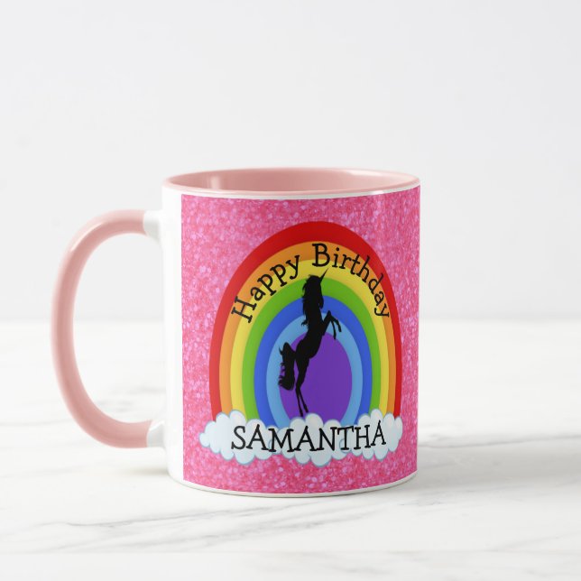 Caneca Unicorn Black Happy BIRTHDAY Pink Glitter Mug (Esquerda)