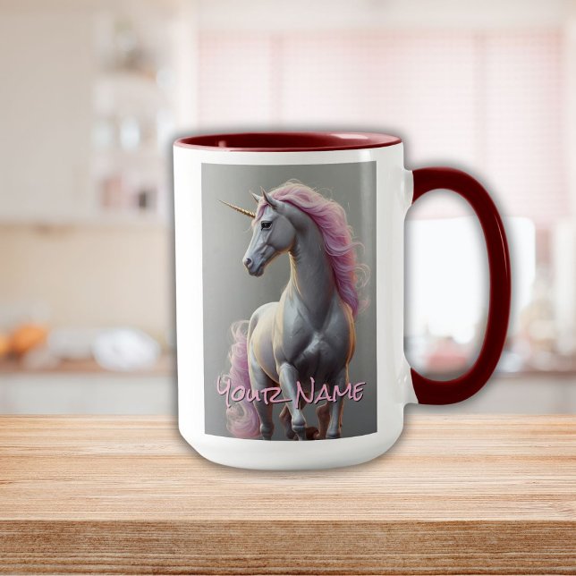 Caneca Unicórnio Branco Personalizado com Mané Rosa (Personalized White Unicorn with Pink Mane Mug)