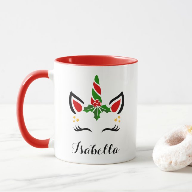 Caneca Unicórnio De Natal De Nome Personalizado Com Antle (Com Donut)