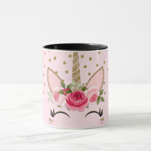 Caneca Unicórnio Fashion Glitter Dourado & Floral Rosa