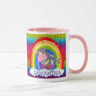 Caneca Unicórnio Feliz BIRTHDAY Rainbow Glitter Mug