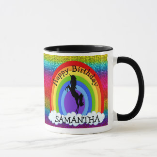 Caneca Unicórnio Feliz BIRTHDAY Rainbow Glitter Mug