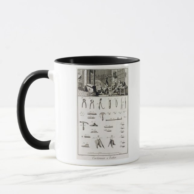Caneca Uns calçados e um bootmaker e suas ferramentas, (Esquerda)