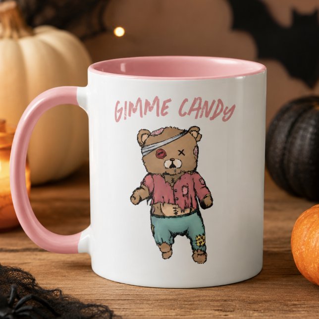 Caneca Ursa de pelúcia rosa fofo Zumbi Me dá Doce Hallowe (Criador carregado)