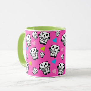 Caneca Ursa Panda Kawaii Fofa Rosa Corações de Amor