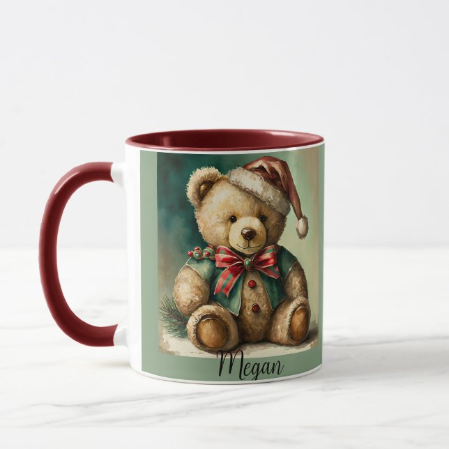 Caneca Urso de pelúcia de Natal vintage personalizado (Esquerda)