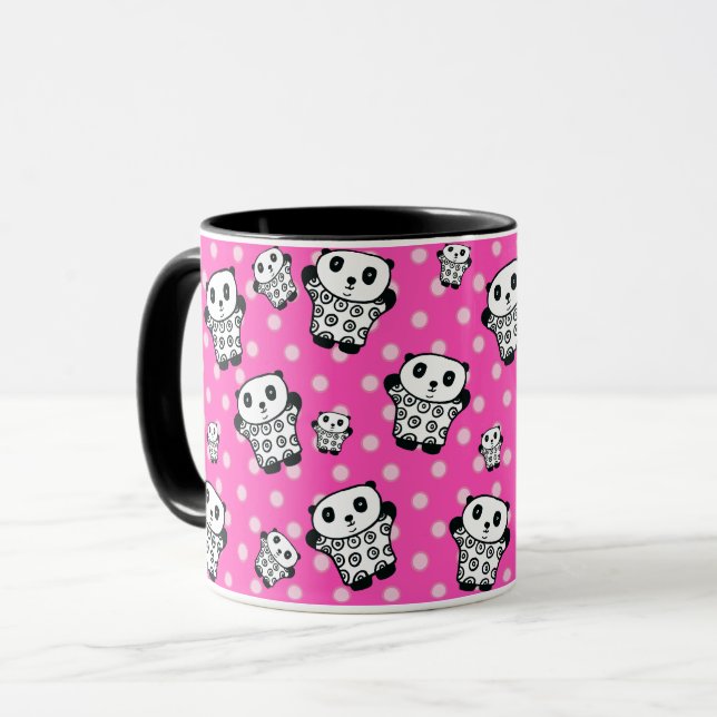 Caneca Urso Panda Fofo Kawaii Rosa Moderno Pontinhos (Frente Esquerda)