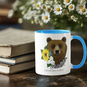 Caneca Urso Pardo Flores Azuis Pena Vida Selvagem