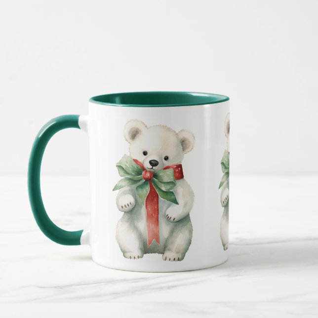 Caneca Urso Polar Cinto Aquarela Vermelho Verde (Esquerda)