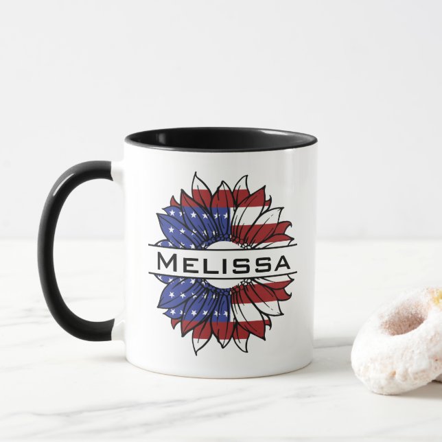 Caneca US Flag Sunflower Com Nome (Com Donut)
