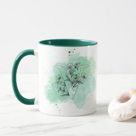 Caneca V Monograma com Aquarela Inicial Botânica Verde