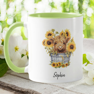 Caneca Vaca das terras altas, em Balde, Sunflower Floral
