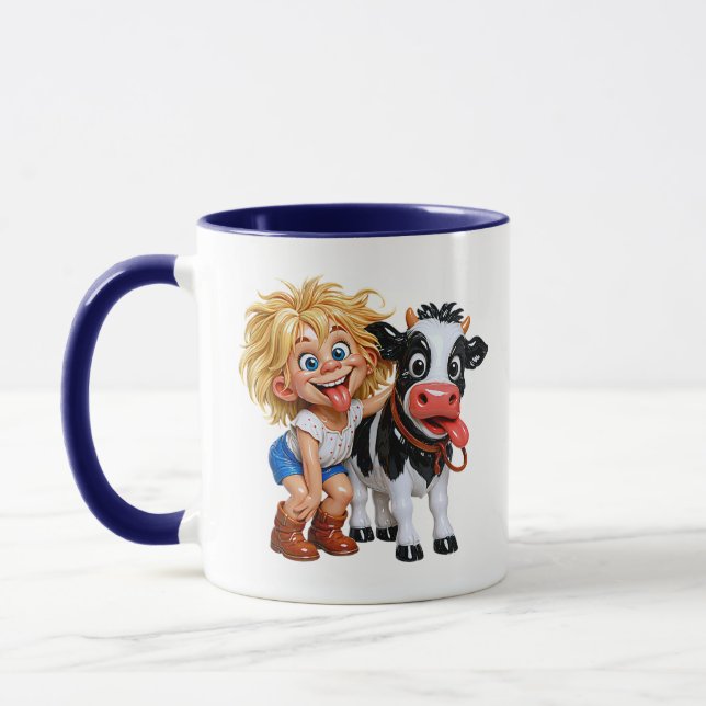 Caneca Vaca engraçada desenho animado menina colocando lí (Esquerda)