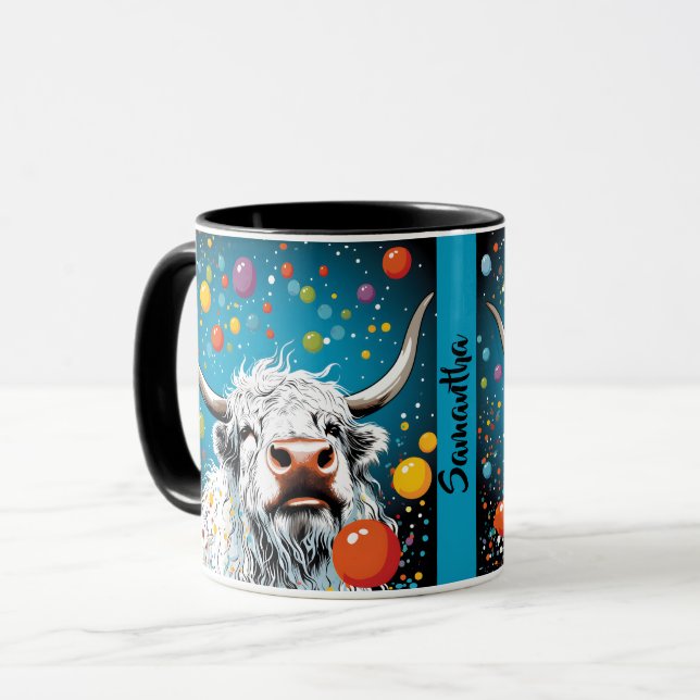 Caneca Vaca escocesa divertida com bolhas. Editável (Frente Esquerda)
