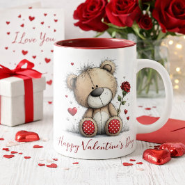 Caneca Valentine Teddy Bear with Rose and Hearts
