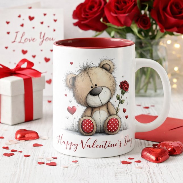 Caneca Valentine Teddy Bear with Rose and Hearts (Criador carregado)