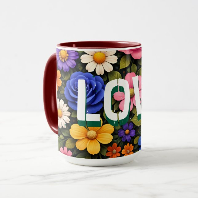 Caneca Valentine's Mug Floral Design Pattern Love Text (Frente Esquerda)