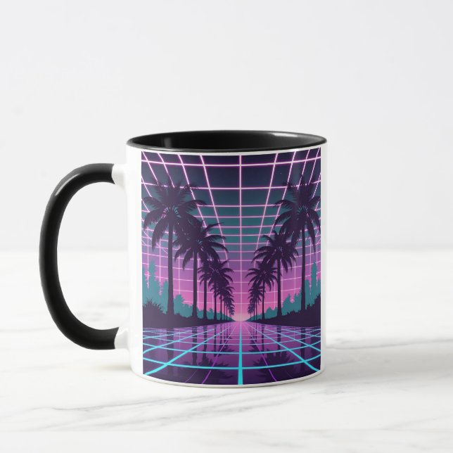 Caneca Vaporwave 80s Neon Grid Synthwave Poster (Esquerda)