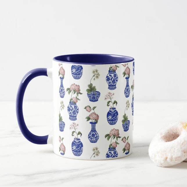 Caneca Vasos e flores azuis de Chinoiserie (Com Donut)
