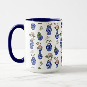 Caneca Vasos e flores azuis em estilo chinoiserie