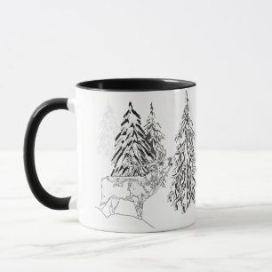 Caneca Veado, inverno, floresta, árvores de Natal, monocr