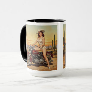 Caneca Velha escola, Retro Pin-up Girl na moto