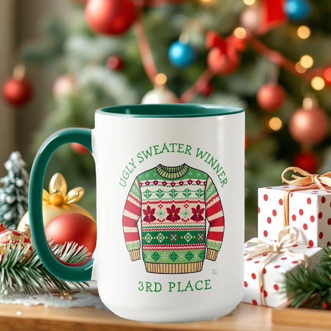 Caneca Vencedor do Terceiro Lugar de Suéter Feio de Natal (Criador carregado)