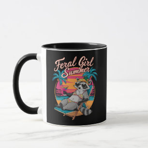 Caneca Verão de Menina Selvagem na Praia, Guaxinim Engraç