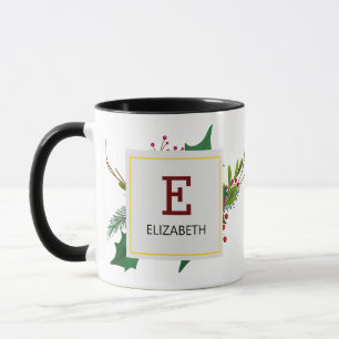 Caneca Verde Natal Monograma Vermelho Elegante Preto