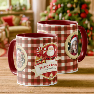 Caneca Verificações Vermelhas de Natal Fotos da Família d