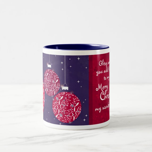 Caneca vermelha/azul do bauble da faísca do Natal (Centro)