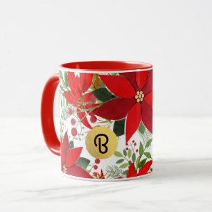 Caneca Vermelho Inverno Branco Dourado Poinsettia Festa P