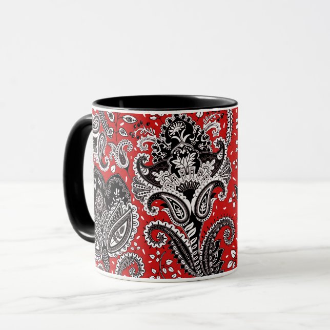 Caneca Vermelho Preto e Branco Floral Paisley Boêmio Boho (Frente Esquerda)