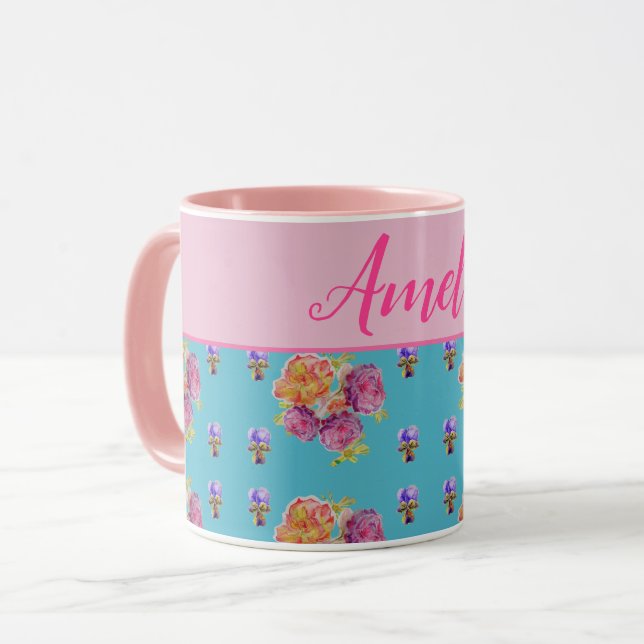Caneca Vermelho Rosa Rosa Chique Teal Aqua Flor Floral (Frente Esquerda)