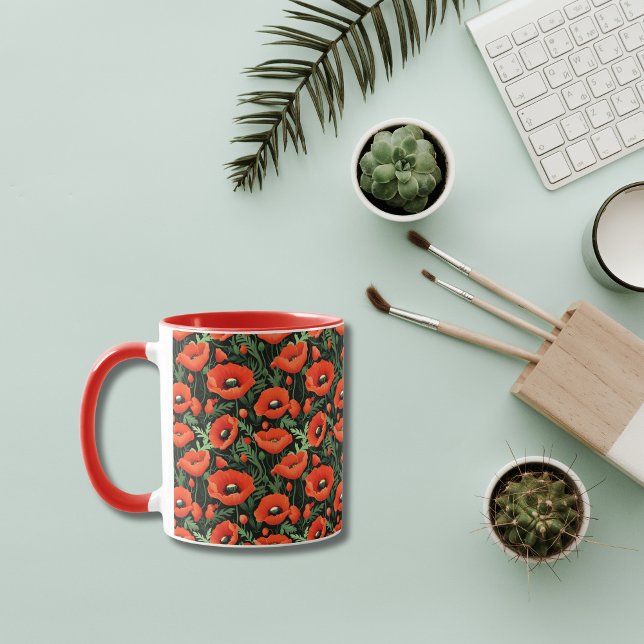 Caneca Vermelhos Flores Flores Greenerescência Floral Por (Red Floral Flowers Poppies Greenery Colored Handle Coffee Mug.)