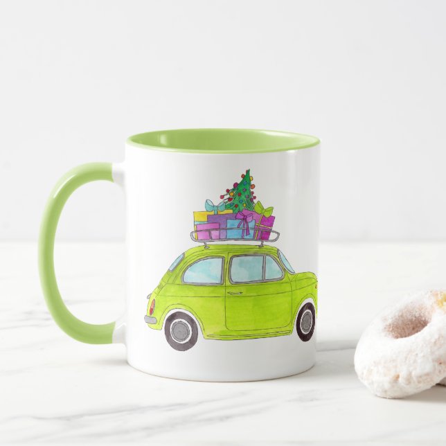 Caneca Vertical Retro Fiat 500 com Gifts Watercolor (Com Donut)
