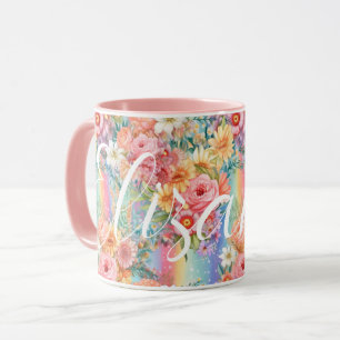Caneca Vibes Positivos Brilhantes Rainbows Florais Nome P