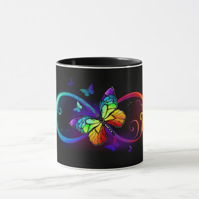 Caneca Vibrant infinity with rainbow butterfly on black (Centro)